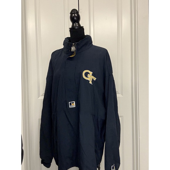 Vtg Georgia Tech 1/2 Zip Pullover Jacket XL Blue 90s Logo Windbreaker GT Hood